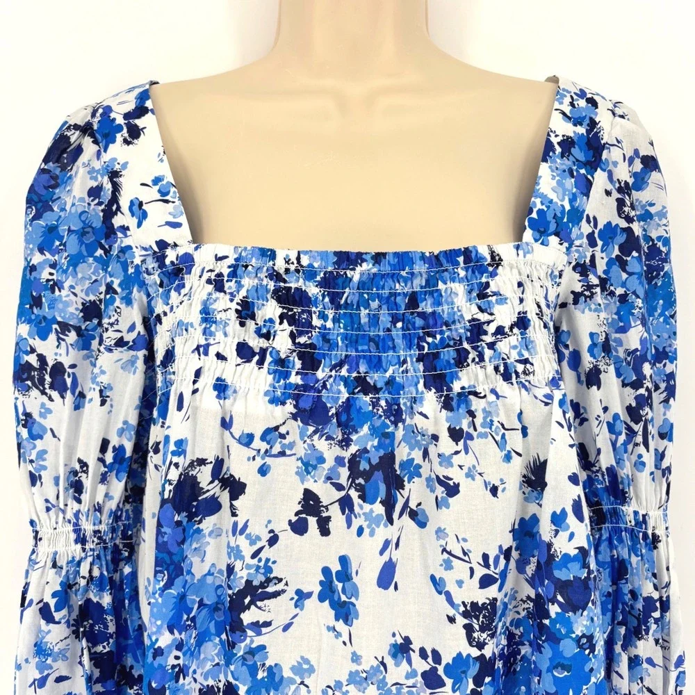 Tuckernuck Blue Floral Smocked Square Neck Cotton Puff Sleeve Blouse Medium